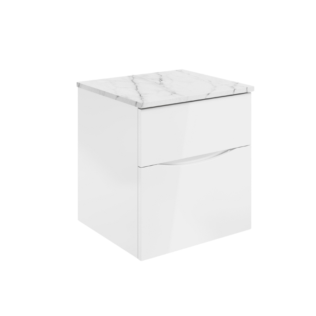 Product Cut out image of the Crosswater Glide II White Gloss 500mm Double Drawer Unit with Carrara Marble Worktop